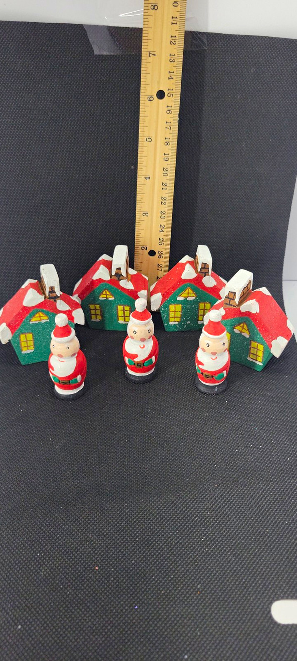 Hand Painted Wood Santa & House Figurines Set of 6 Small 2.5in Christmas